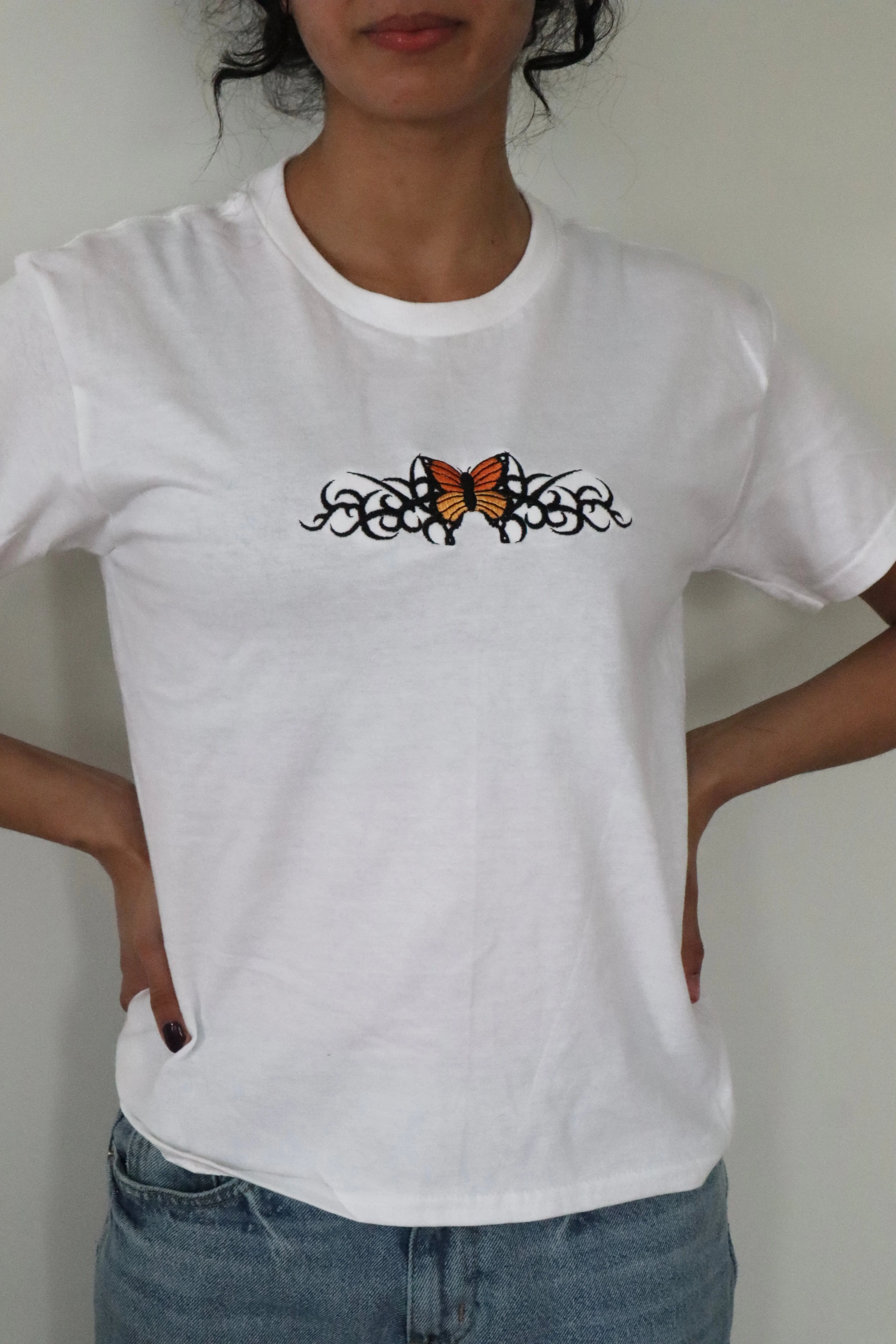 Embroidered Tribal Butterfly, Long Crop Tops
