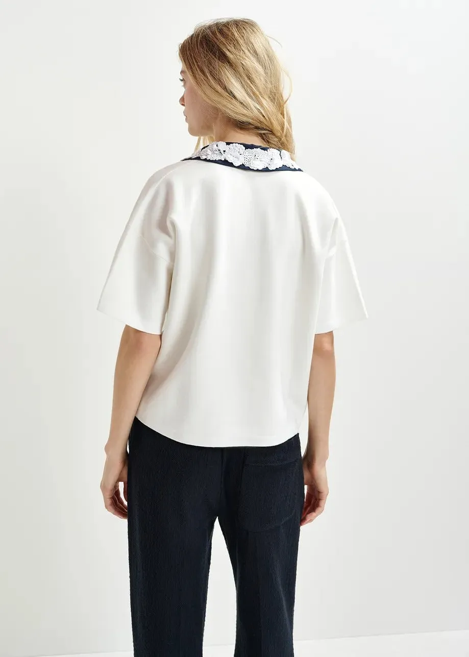 Essentiel Antwerp Hoiseau Embroidered Polo in Off-White