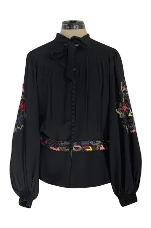 Extraordinary 1940s Hand Embroidered & Beaded Black Moss Crepe Balloon Sleeve Top