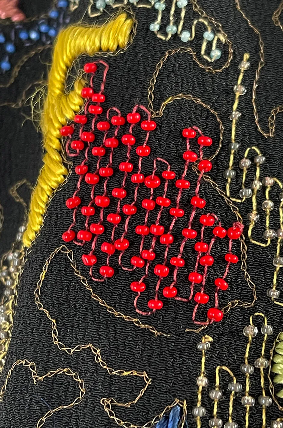 Extraordinary 1940s Hand Embroidered & Beaded Black Moss Crepe Balloon Sleeve Top