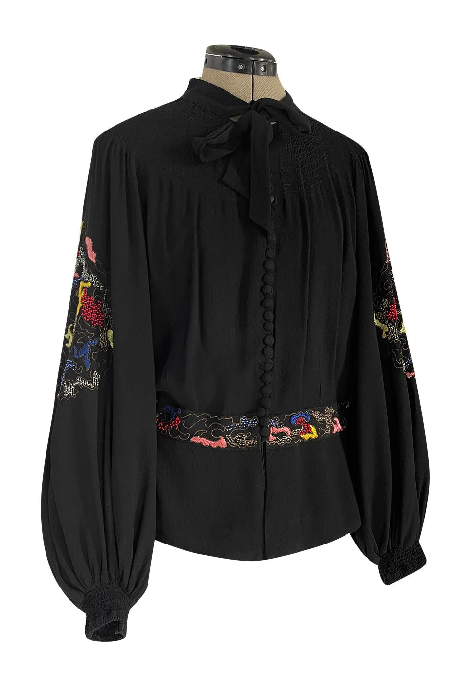 Extraordinary 1940s Hand Embroidered & Beaded Black Moss Crepe Balloon Sleeve Top