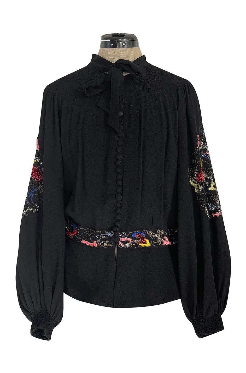 Extraordinary 1940s Hand Embroidered & Beaded Black Moss Crepe Balloon Sleeve Top