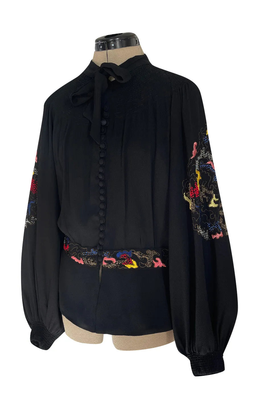 Extraordinary 1940s Hand Embroidered & Beaded Black Moss Crepe Balloon Sleeve Top