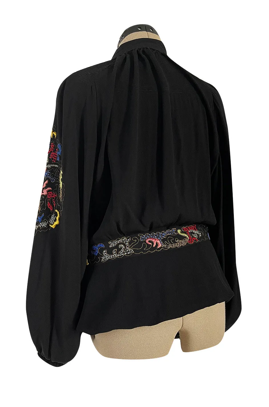 Extraordinary 1940s Hand Embroidered & Beaded Black Moss Crepe Balloon Sleeve Top