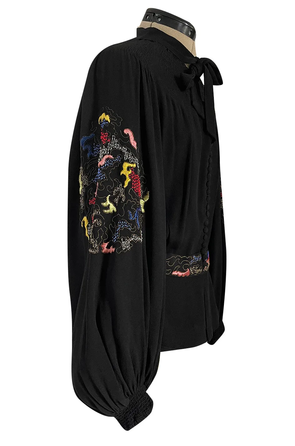 Extraordinary 1940s Hand Embroidered & Beaded Black Moss Crepe Balloon Sleeve Top