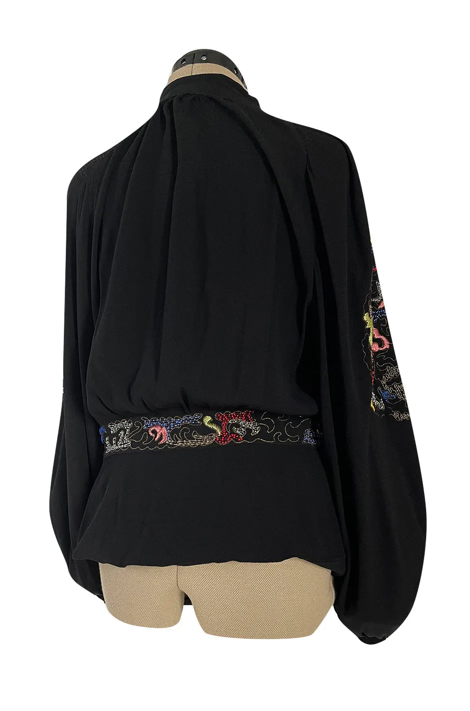 Extraordinary 1940s Hand Embroidered & Beaded Black Moss Crepe Balloon Sleeve Top