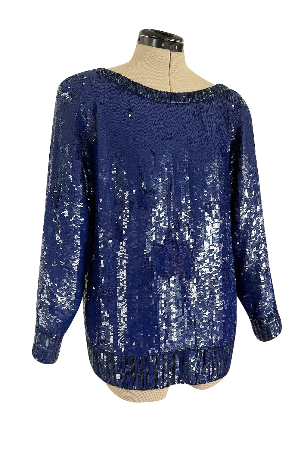 Fall 1985 Yves Saint Laurent Densely Covered Blue Sequin Top w Beaded Ribbing