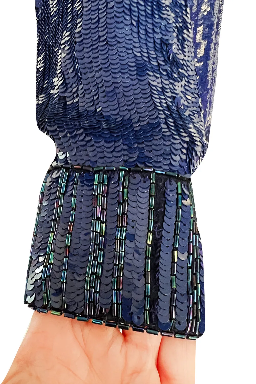 Fall 1985 Yves Saint Laurent Densely Covered Blue Sequin Top w Beaded Ribbing
