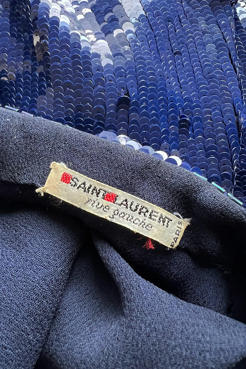 Fall 1985 Yves Saint Laurent Densely Covered Blue Sequin Top w Beaded Ribbing