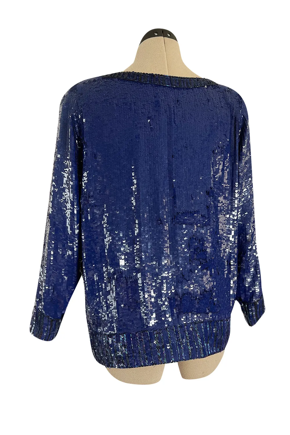 Fall 1985 Yves Saint Laurent Densely Covered Blue Sequin Top w Beaded Ribbing