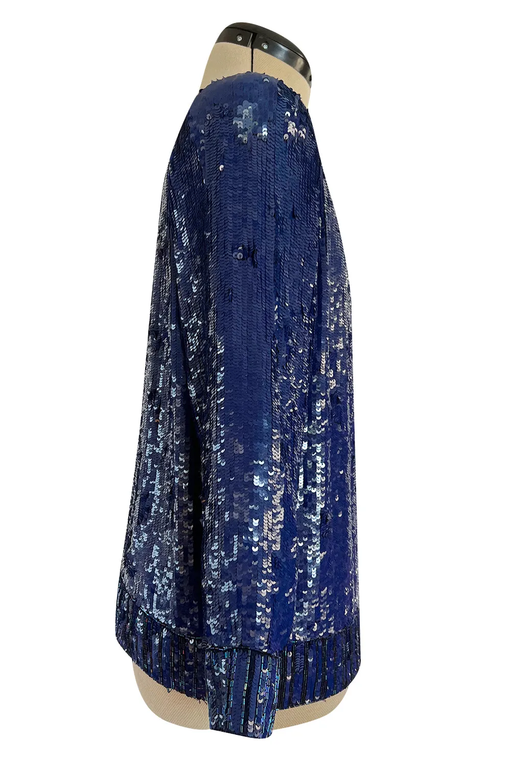 Fall 1985 Yves Saint Laurent Densely Covered Blue Sequin Top w Beaded Ribbing