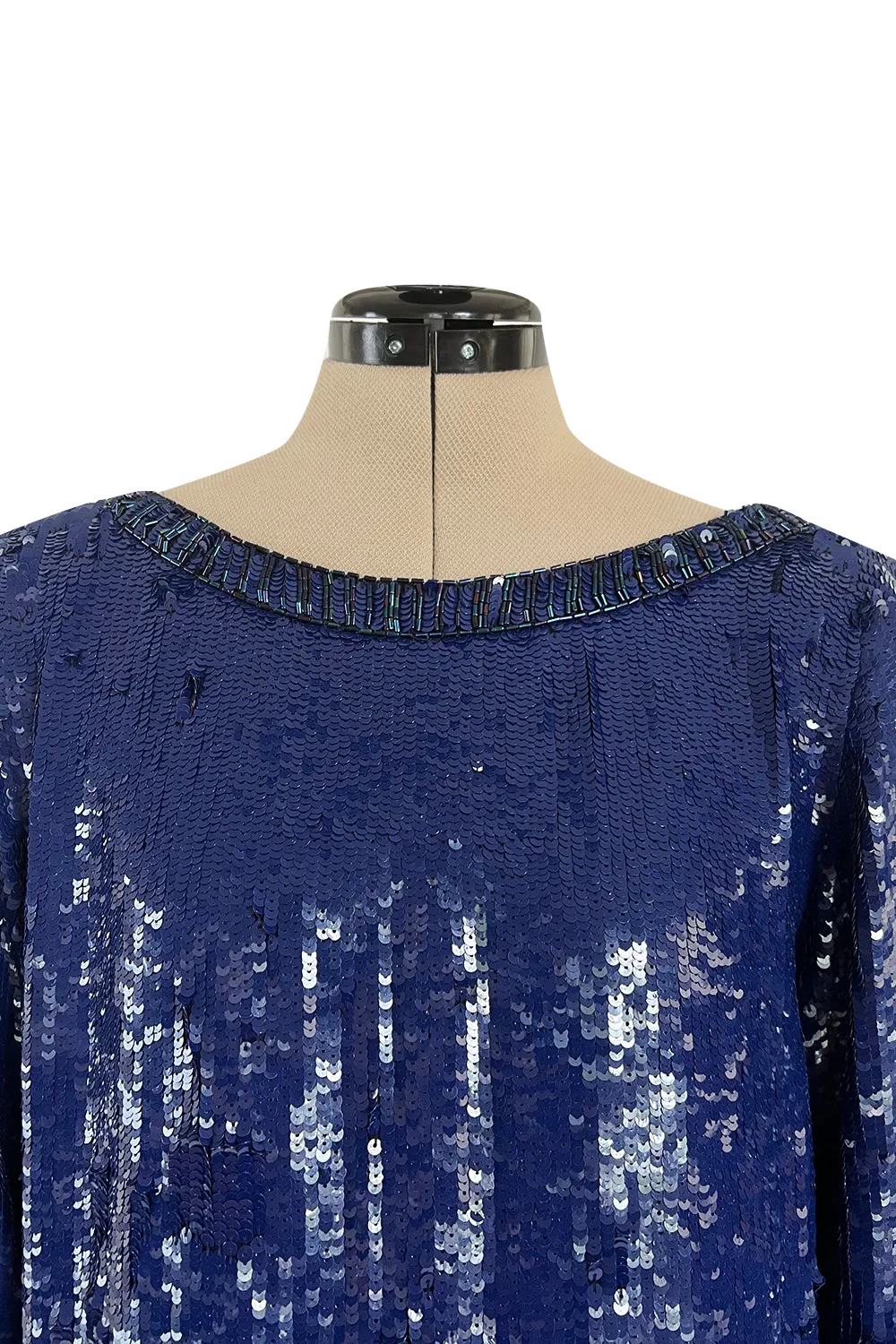 Fall 1985 Yves Saint Laurent Densely Covered Blue Sequin Top w Beaded Ribbing
