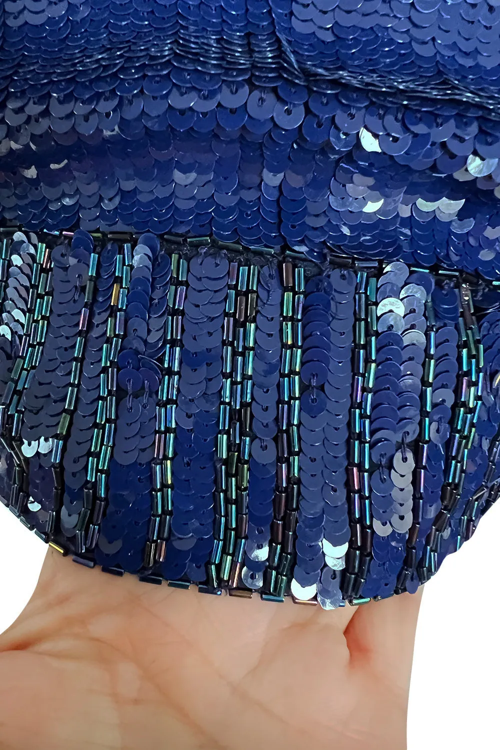 Fall 1985 Yves Saint Laurent Densely Covered Blue Sequin Top w Beaded Ribbing