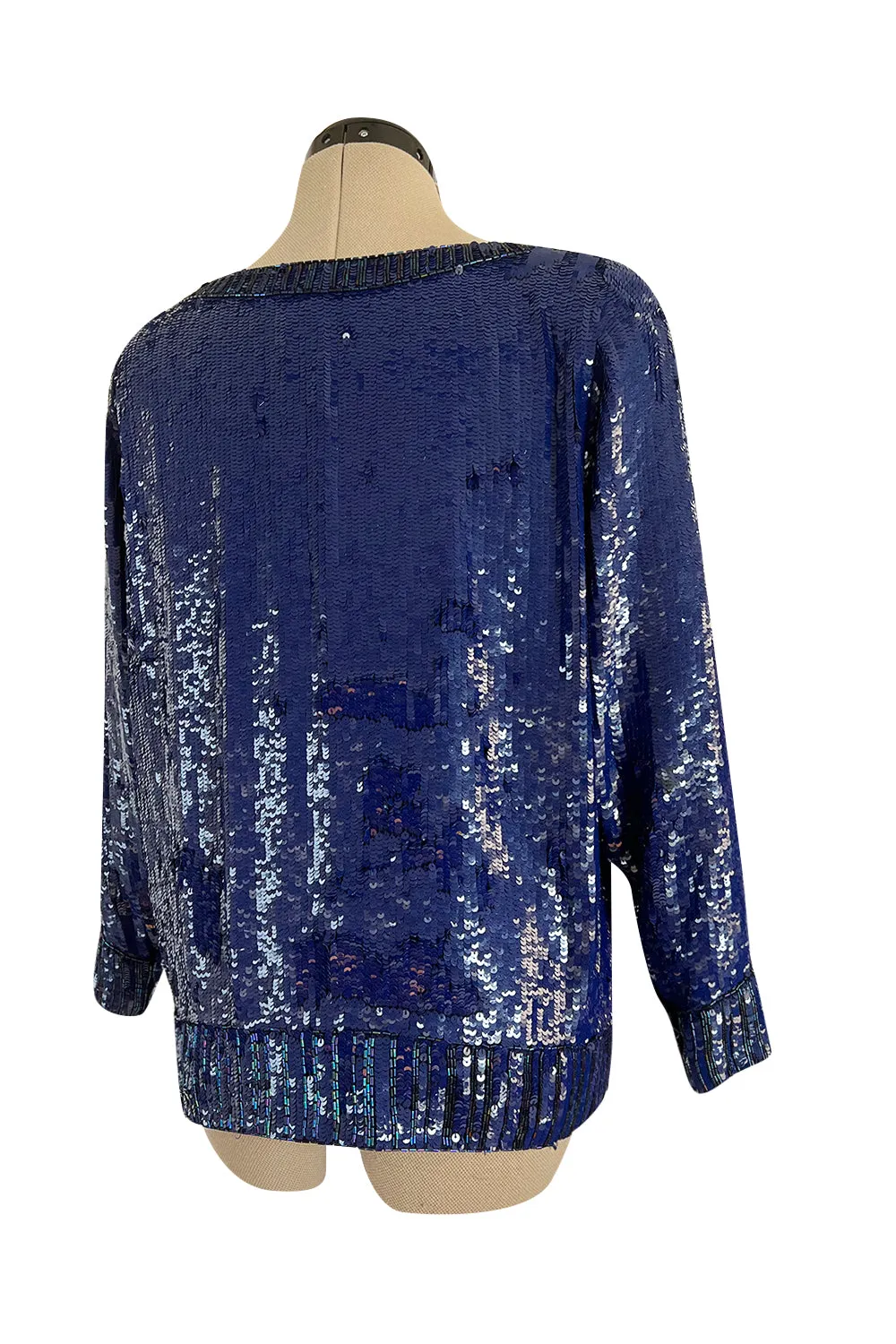 Fall 1985 Yves Saint Laurent Densely Covered Blue Sequin Top w Beaded Ribbing