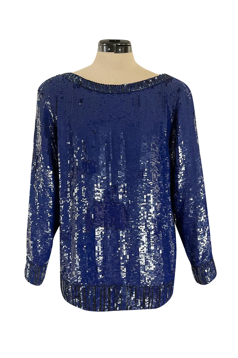 Fall 1985 Yves Saint Laurent Densely Covered Blue Sequin Top w Beaded Ribbing