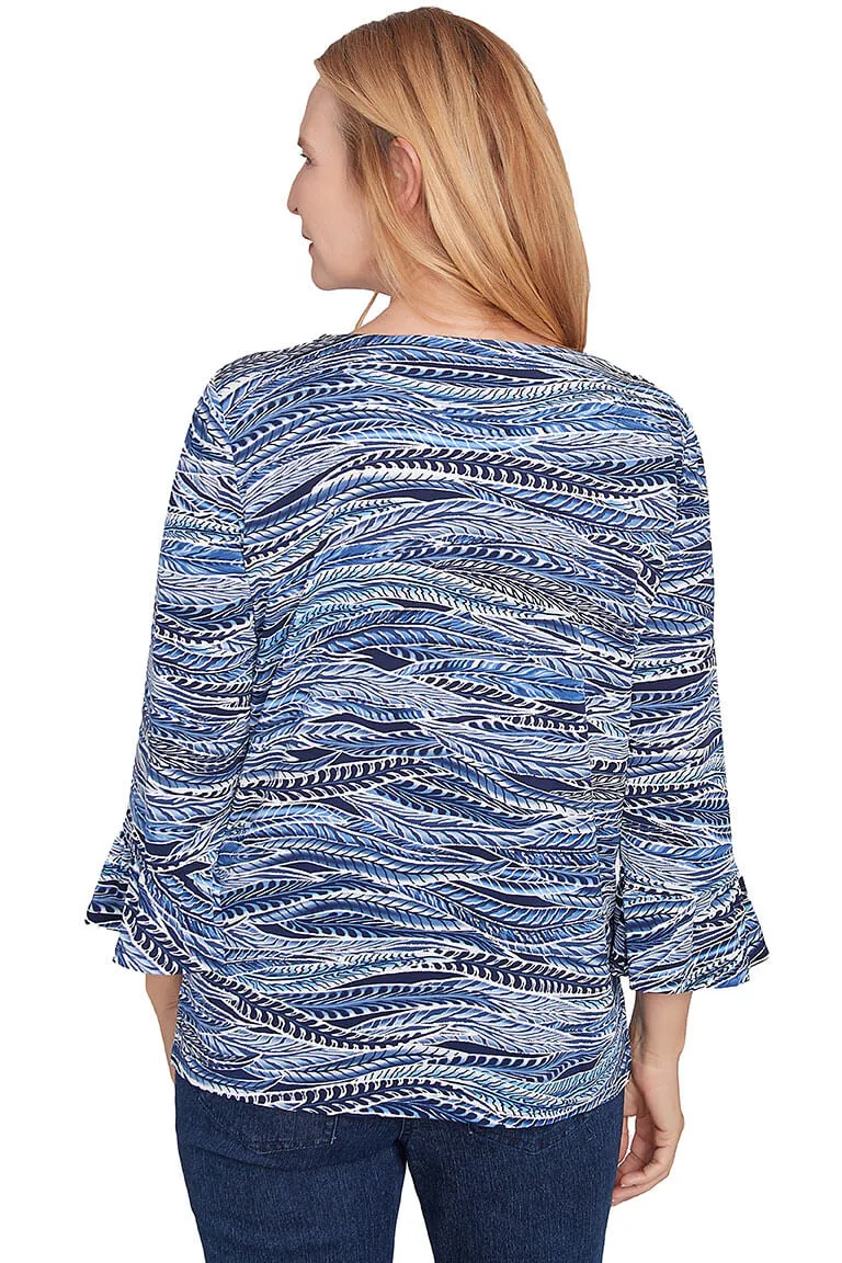Feathers Puff Print Ruffle Sleeve Top