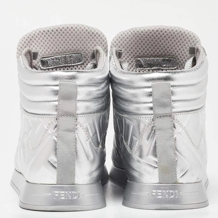 Fendi X Nicki Minaj Silver Laminated Leather High Top Sneakers