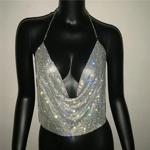 FestivalQueen Brilliant Rhinestone Backless Party Crop Top Women 2019