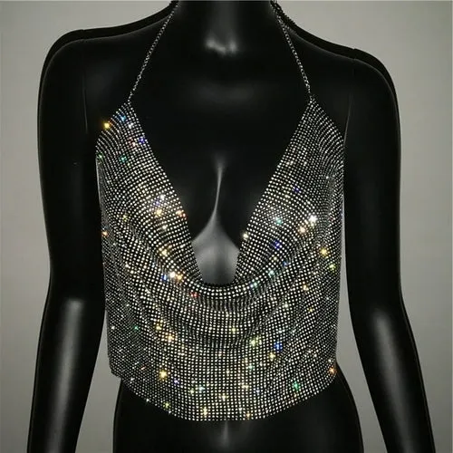 FestivalQueen Brilliant Rhinestone Backless Party Crop Top Women 2019