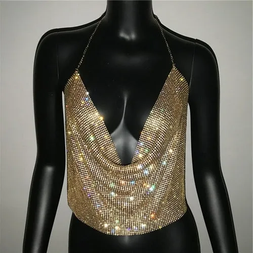 FestivalQueen Brilliant Rhinestone Backless Party Crop Top Women 2019