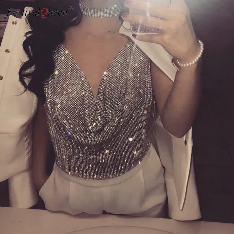 FestivalQueen Brilliant Rhinestone Backless Party Crop Top Women 2019