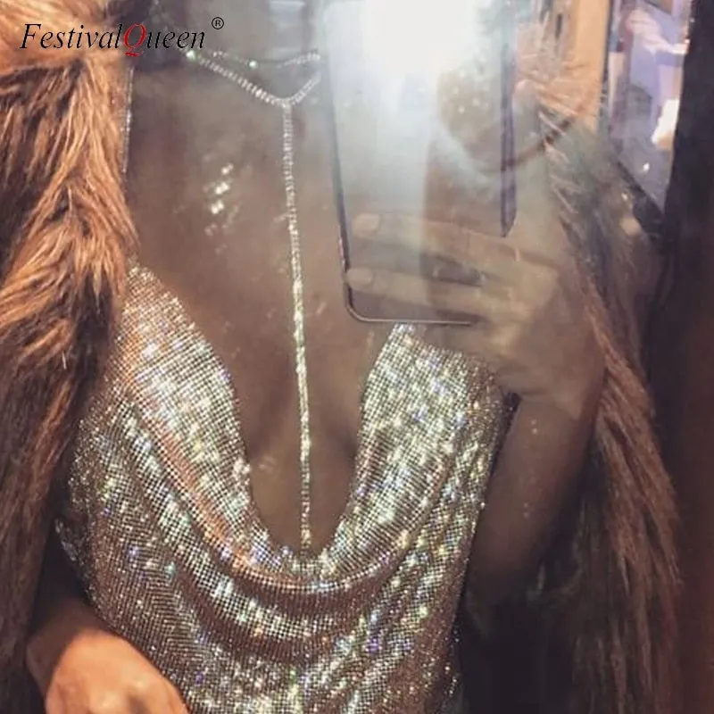 FestivalQueen Brilliant Rhinestone Backless Party Crop Top Women 2019