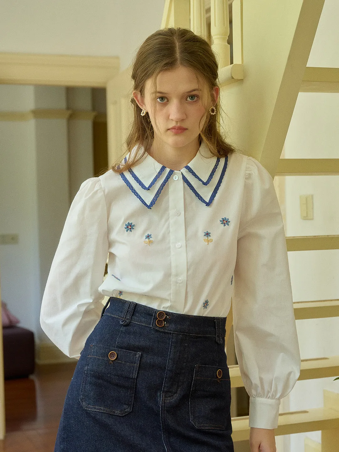 【Final Sale】Paloma Embroidered Double-Collar Color-Block Shirt