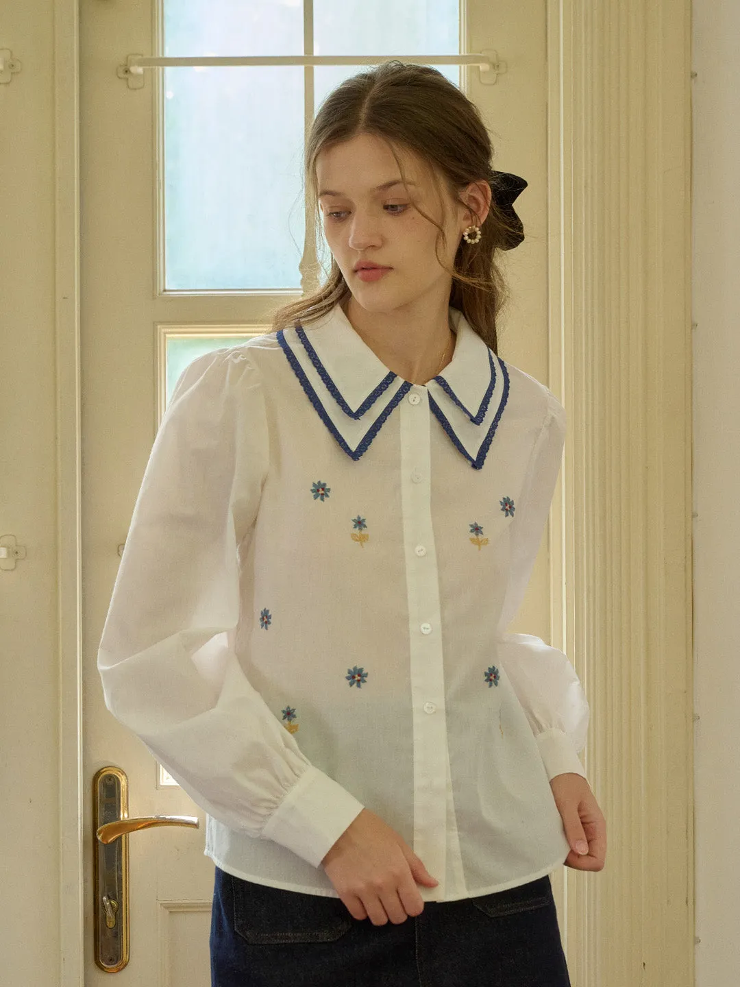 【Final Sale】Paloma Embroidered Double-Collar Color-Block Shirt