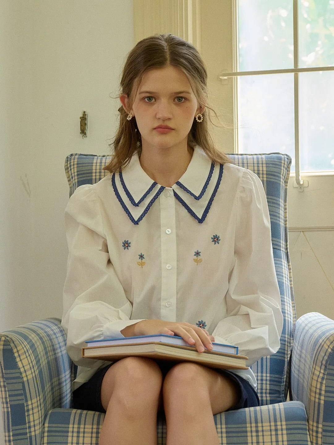 【Final Sale】Paloma Embroidered Double-Collar Color-Block Shirt