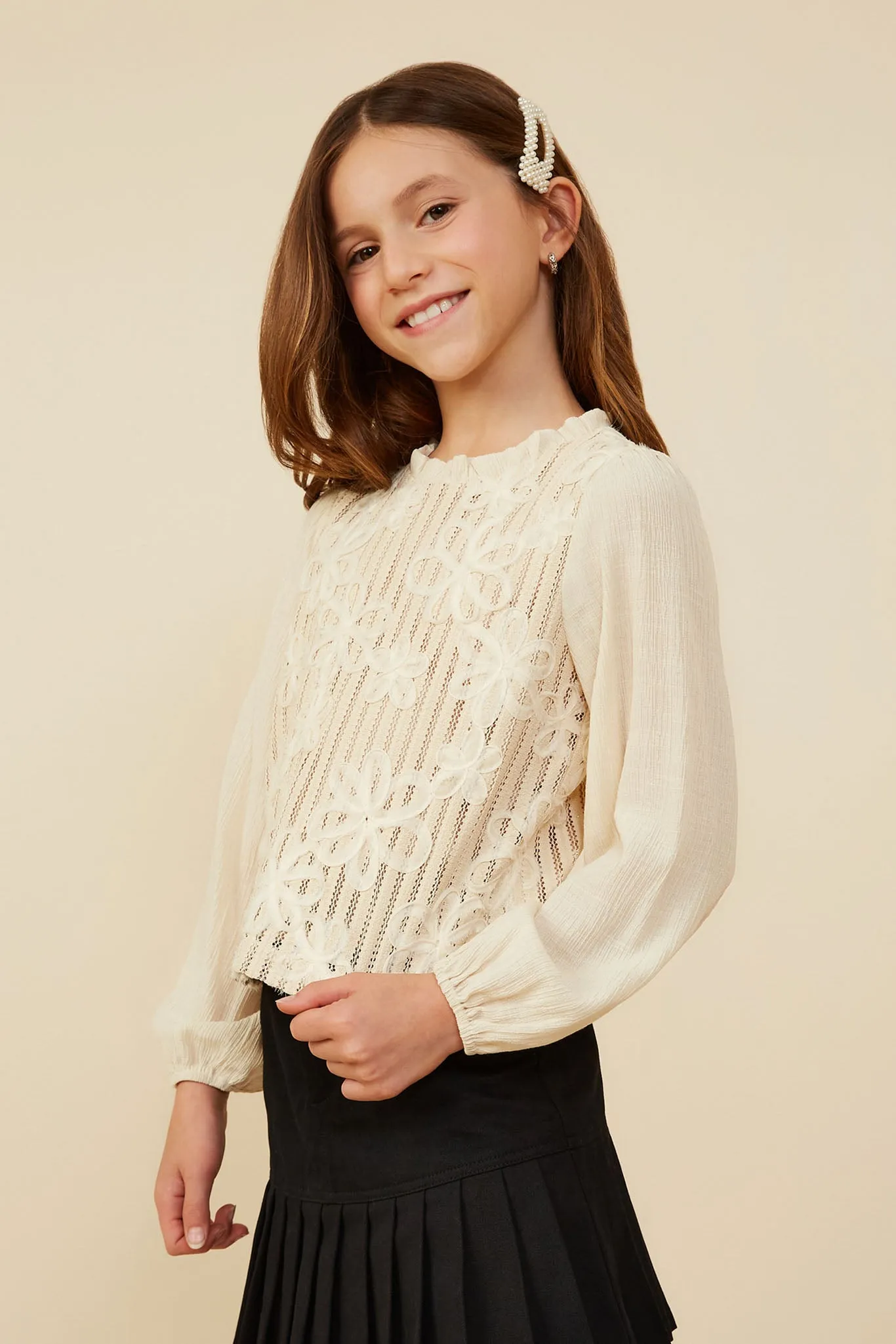 Floral Embroidered Textured Puff Sleeve Top