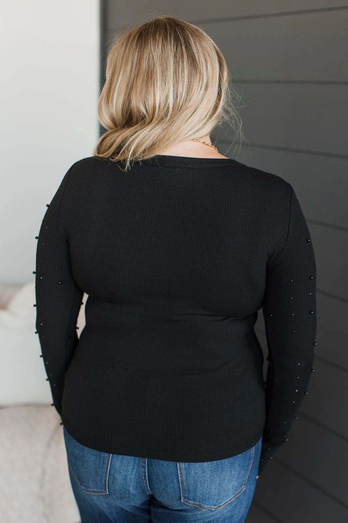 Found Your Love Long Sleeve Beaded Top- Black