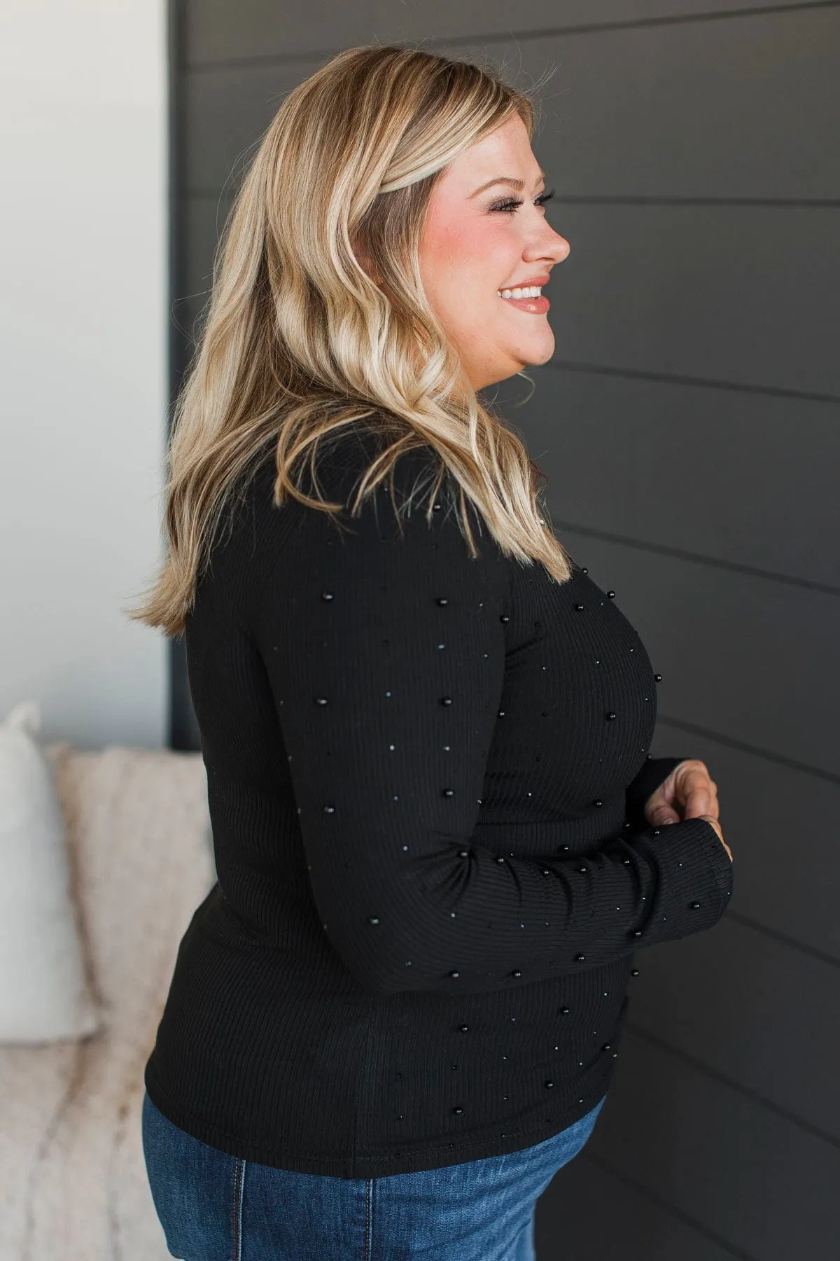 Found Your Love Long Sleeve Beaded Top- Black