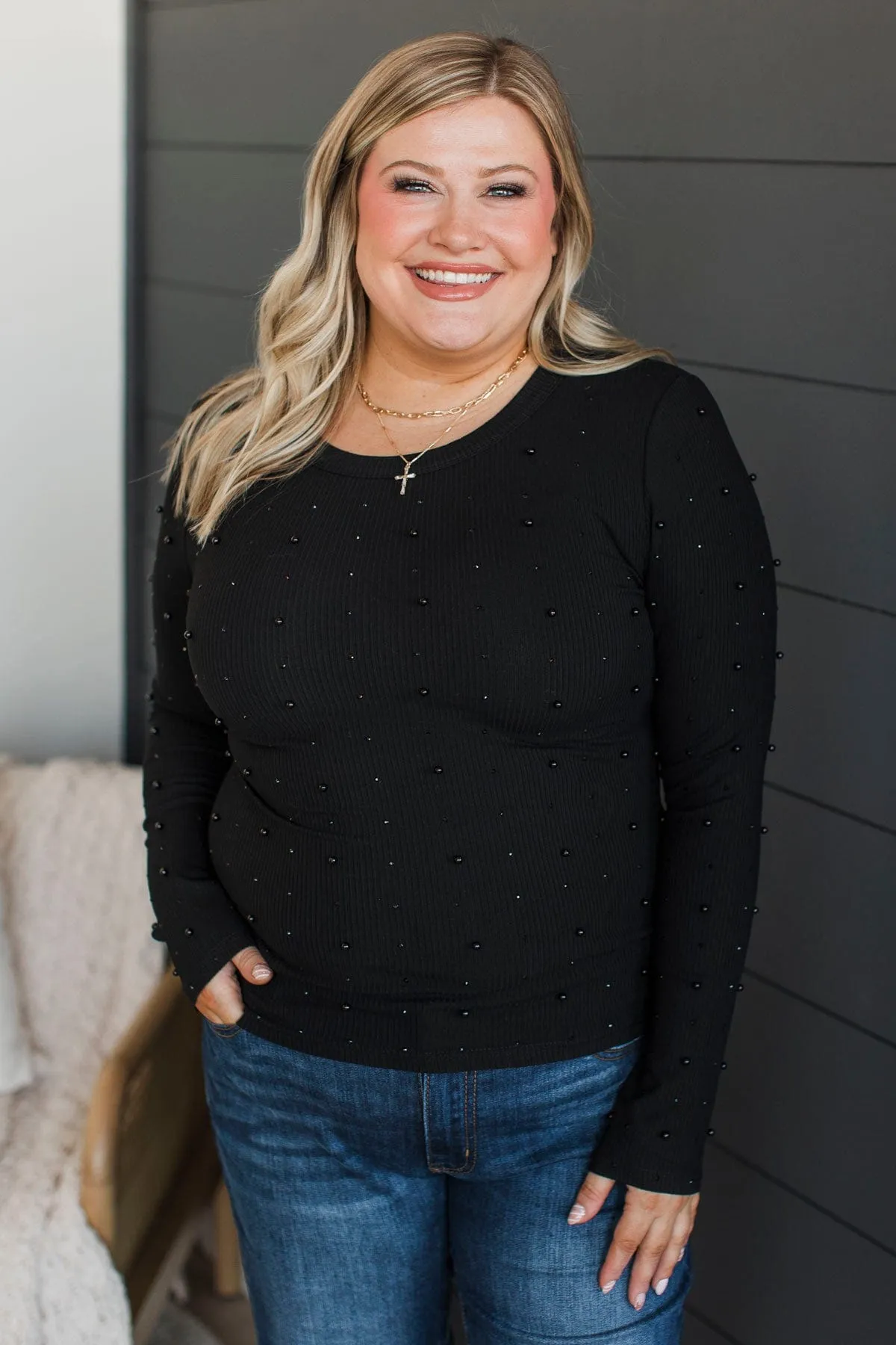 Found Your Love Long Sleeve Beaded Top- Black