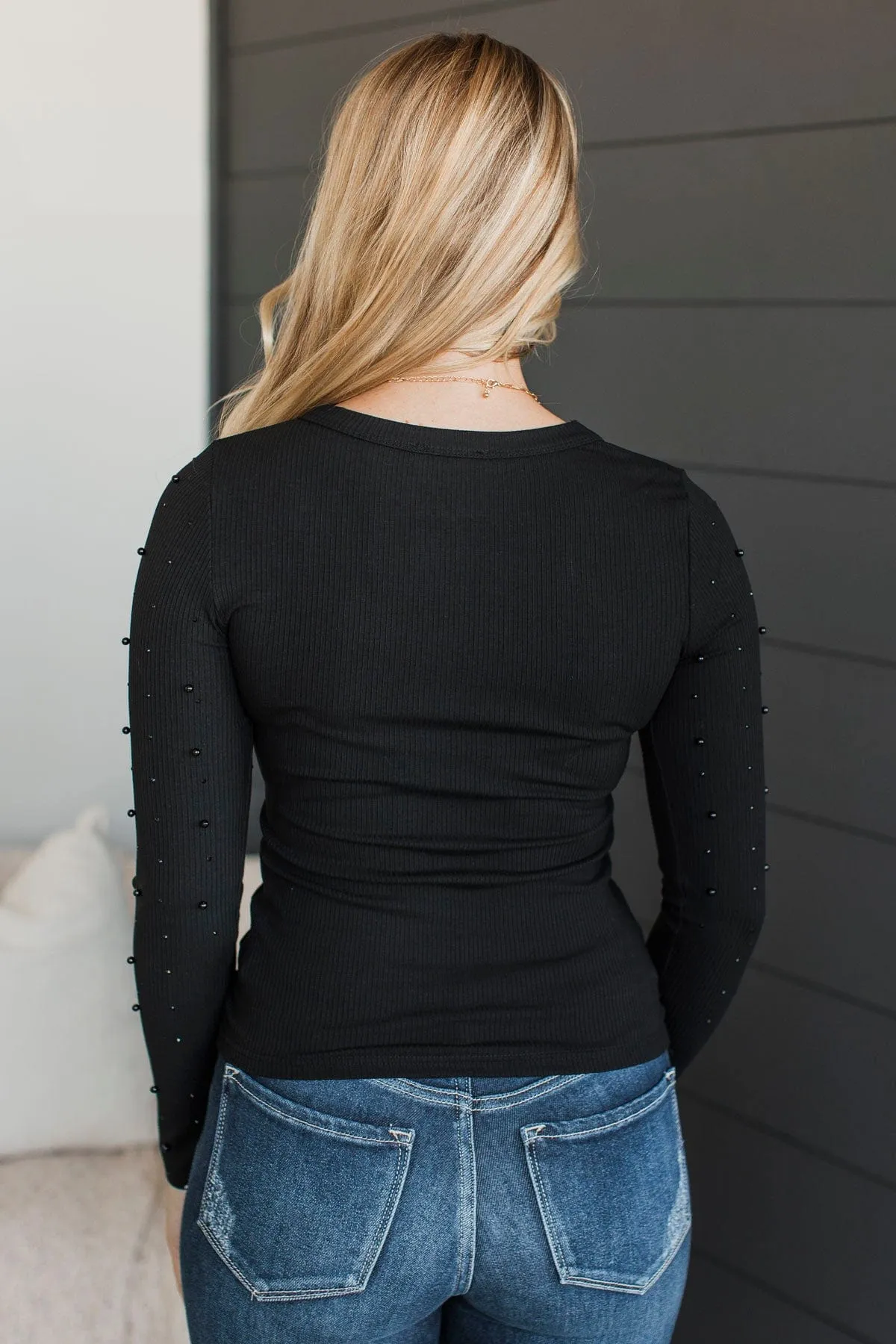 Found Your Love Long Sleeve Beaded Top- Black