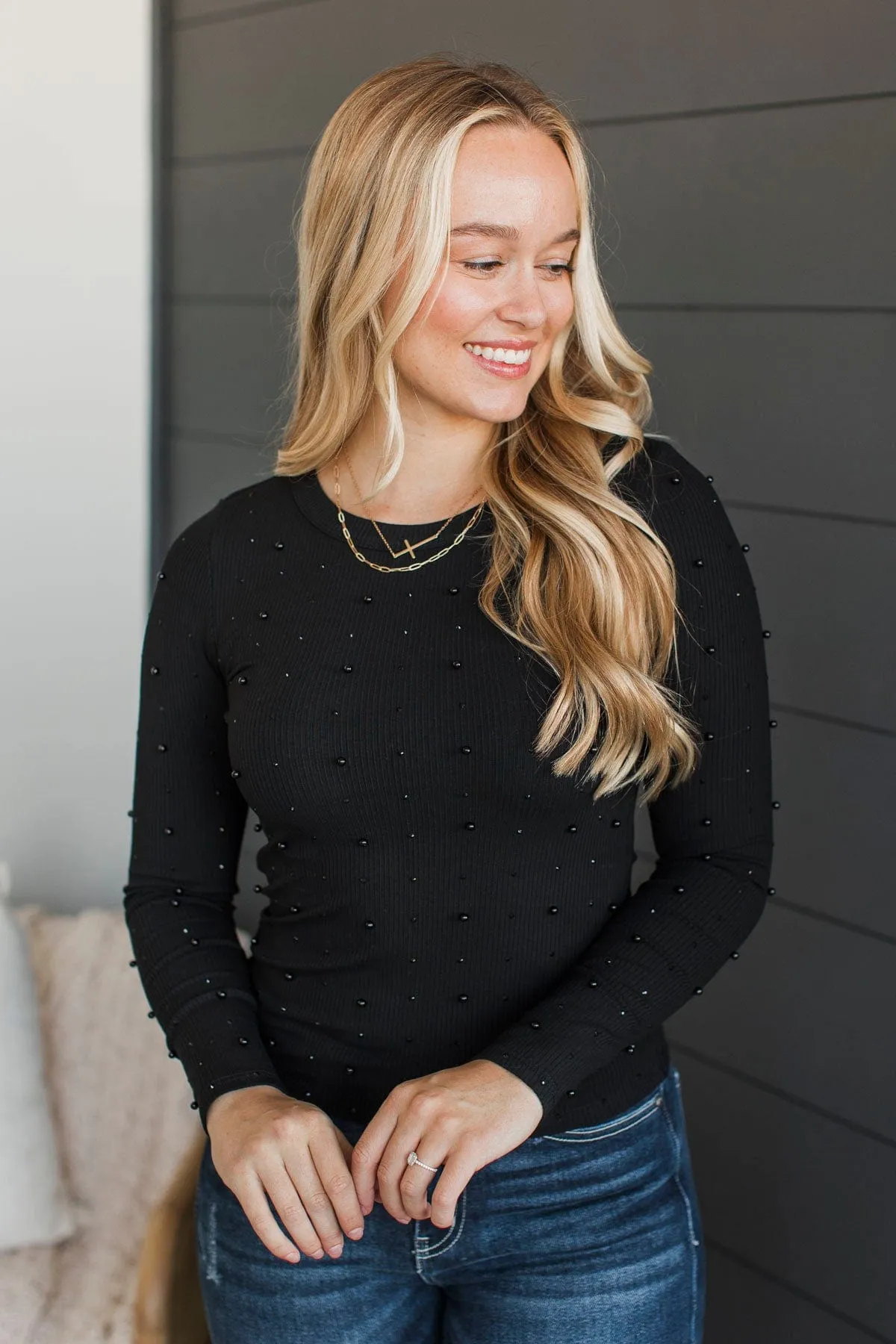 Found Your Love Long Sleeve Beaded Top- Black