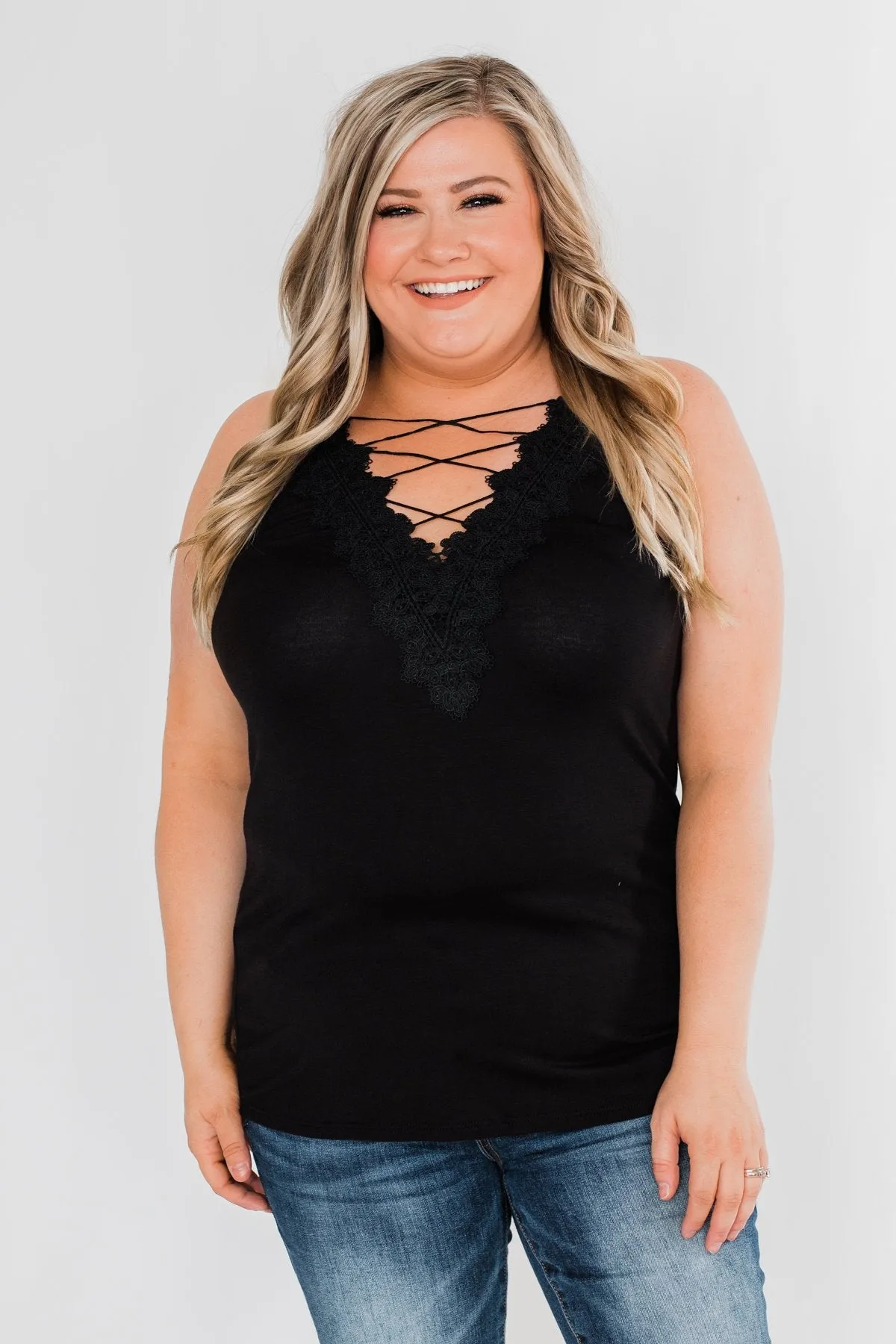 Front Lace Criss Cross Tank Top- Black