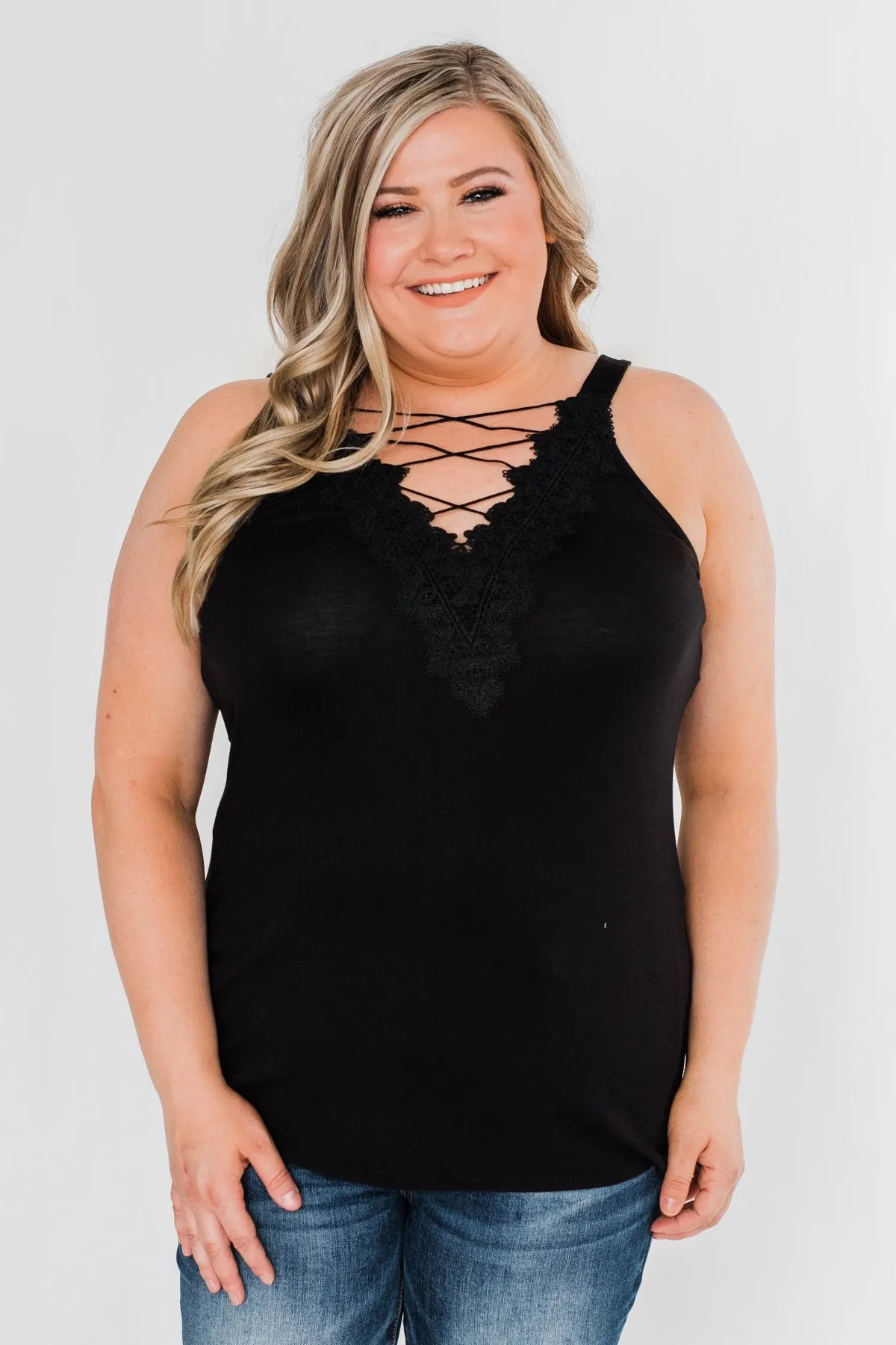 Front Lace Criss Cross Tank Top- Black