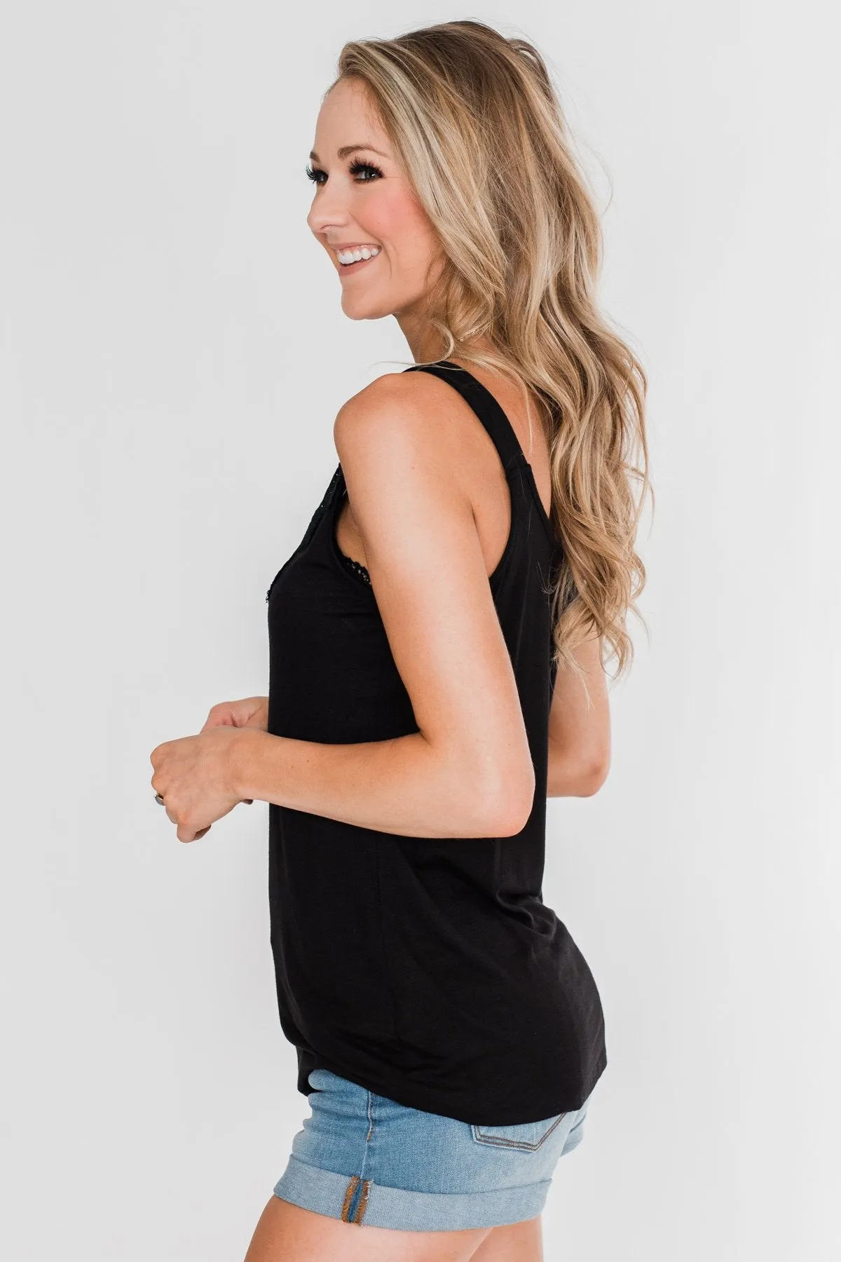 Front Lace Criss Cross Tank Top- Black