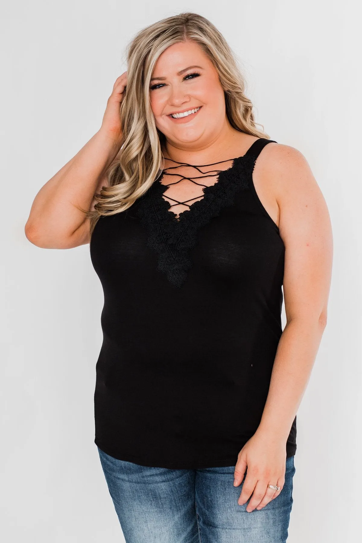 Front Lace Criss Cross Tank Top- Black