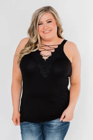 Front Lace Criss Cross Tank Top- Black