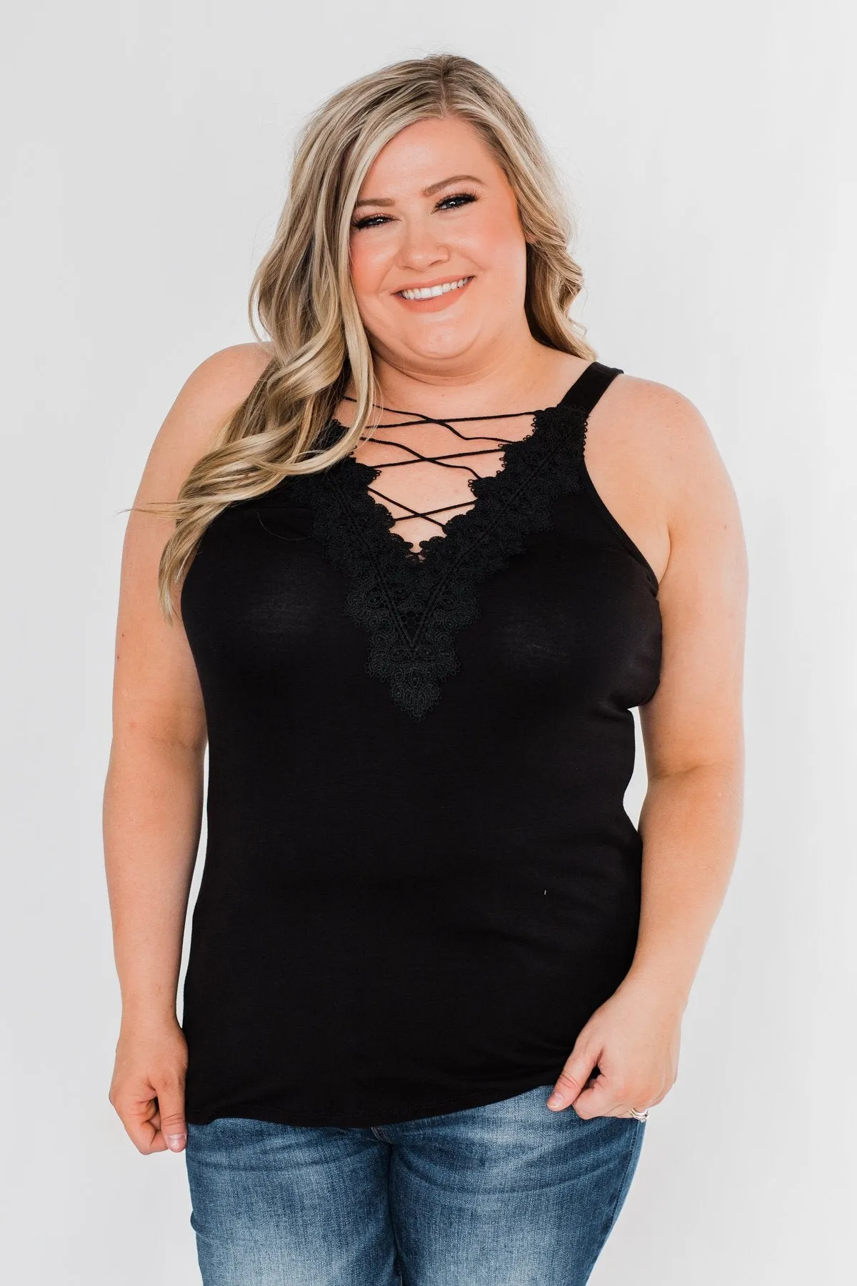 Front Lace Criss Cross Tank Top- Black