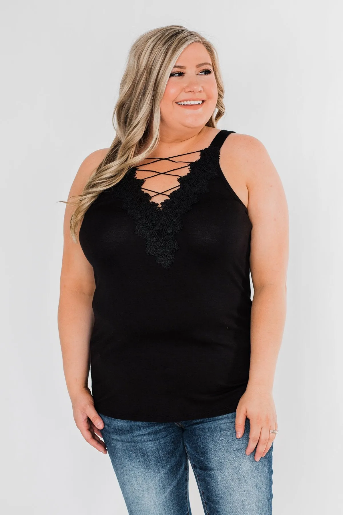 Front Lace Criss Cross Tank Top- Black