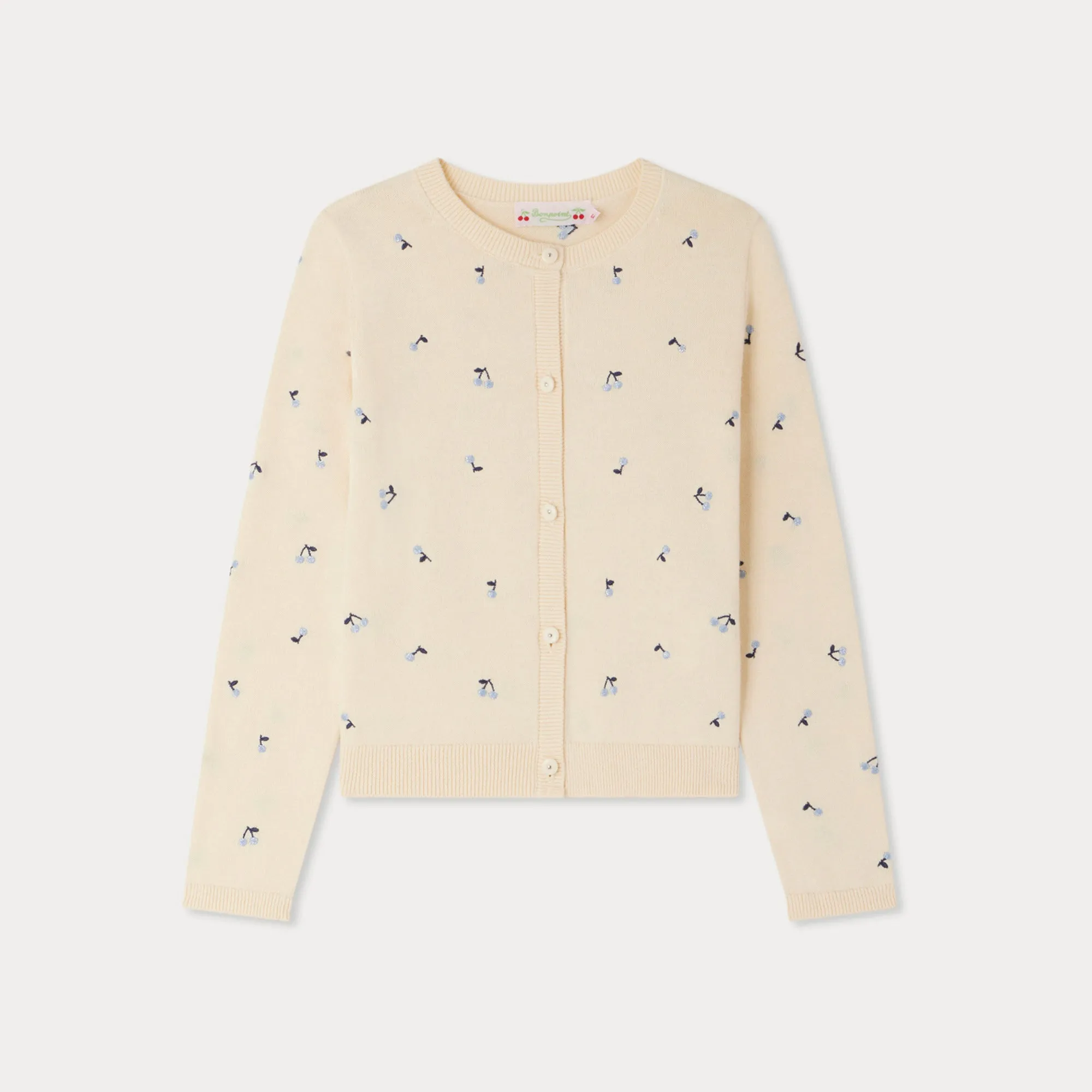 Girls Light yellow Cherry Embroidered Cotton Cardigan