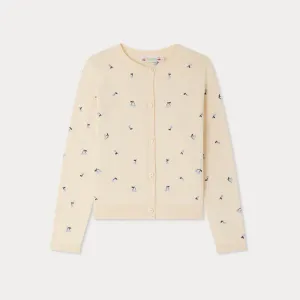 Girls Light yellow Cherry Embroidered Cotton Cardigan