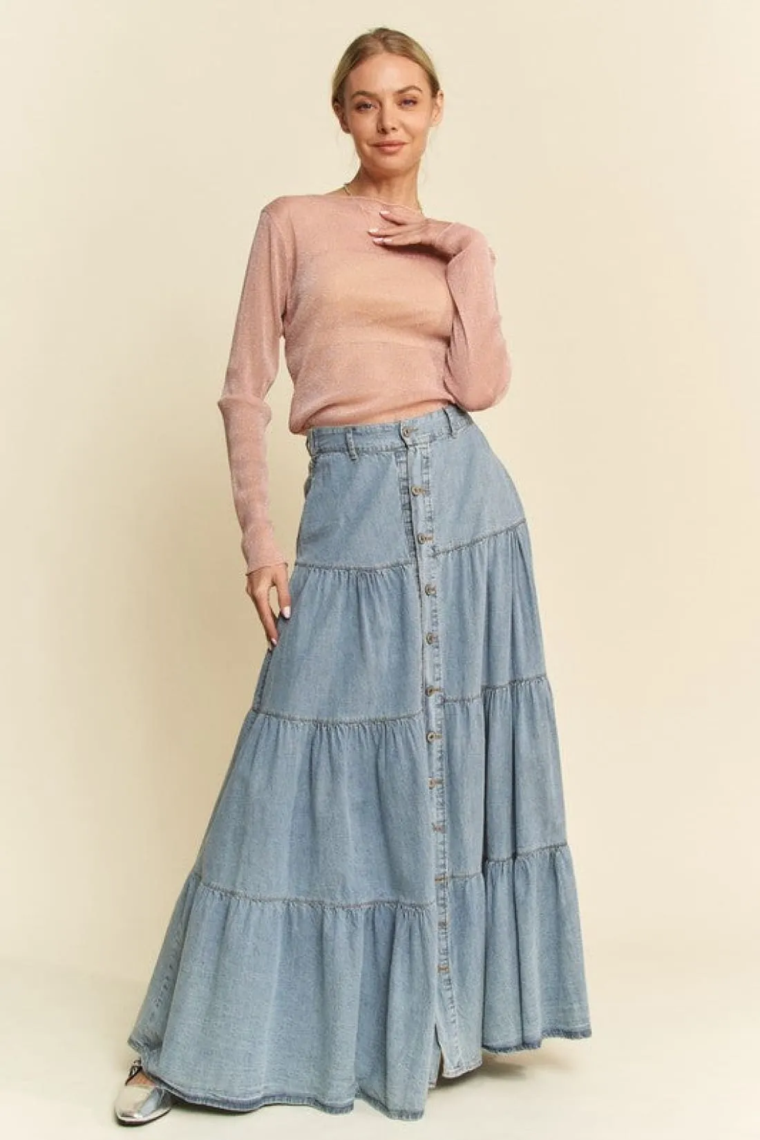 Glitter Mesh Lettuce Hem Long Sleeve Top in Dusty Pink