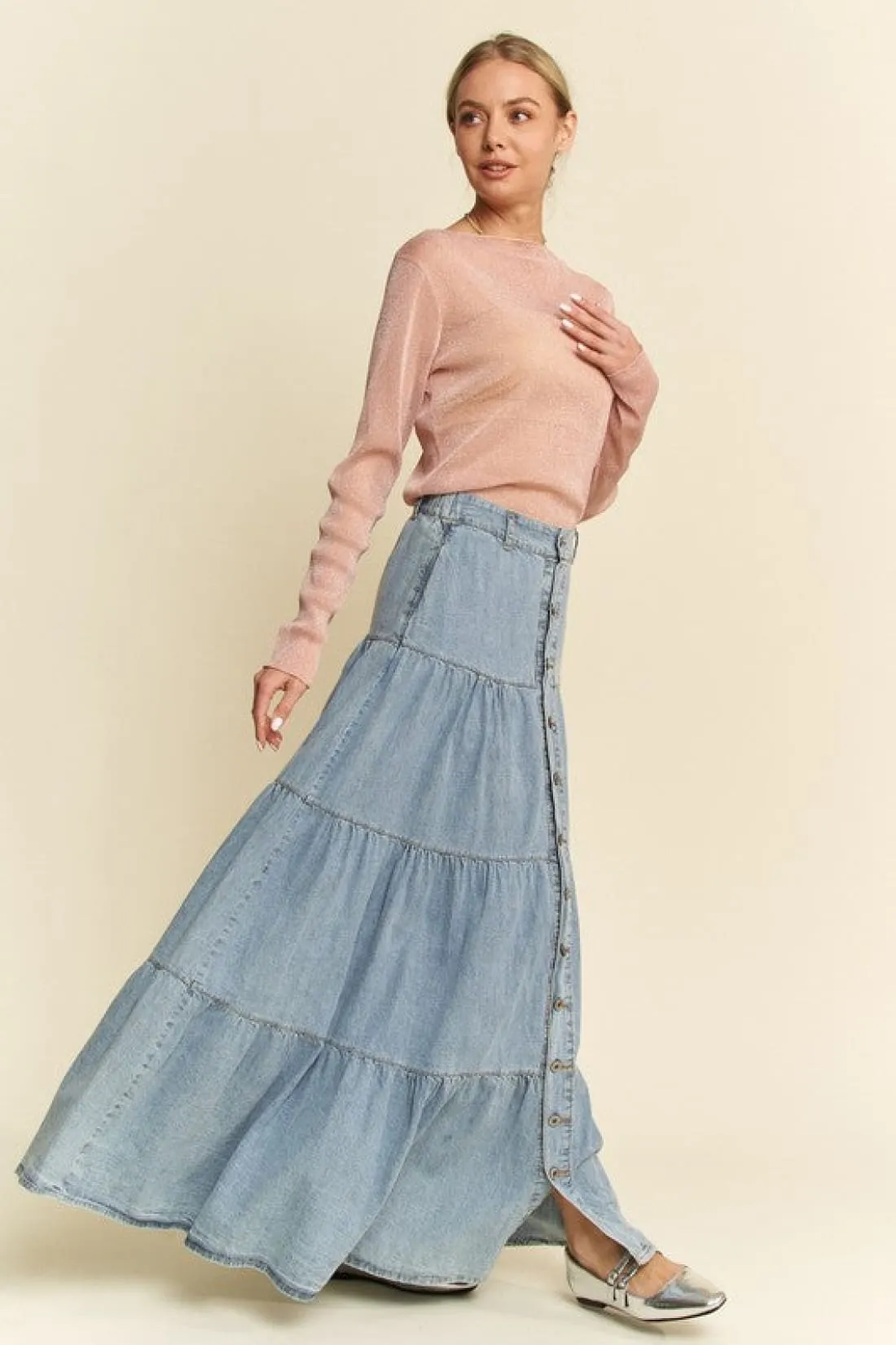 Glitter Mesh Lettuce Hem Long Sleeve Top in Dusty Pink