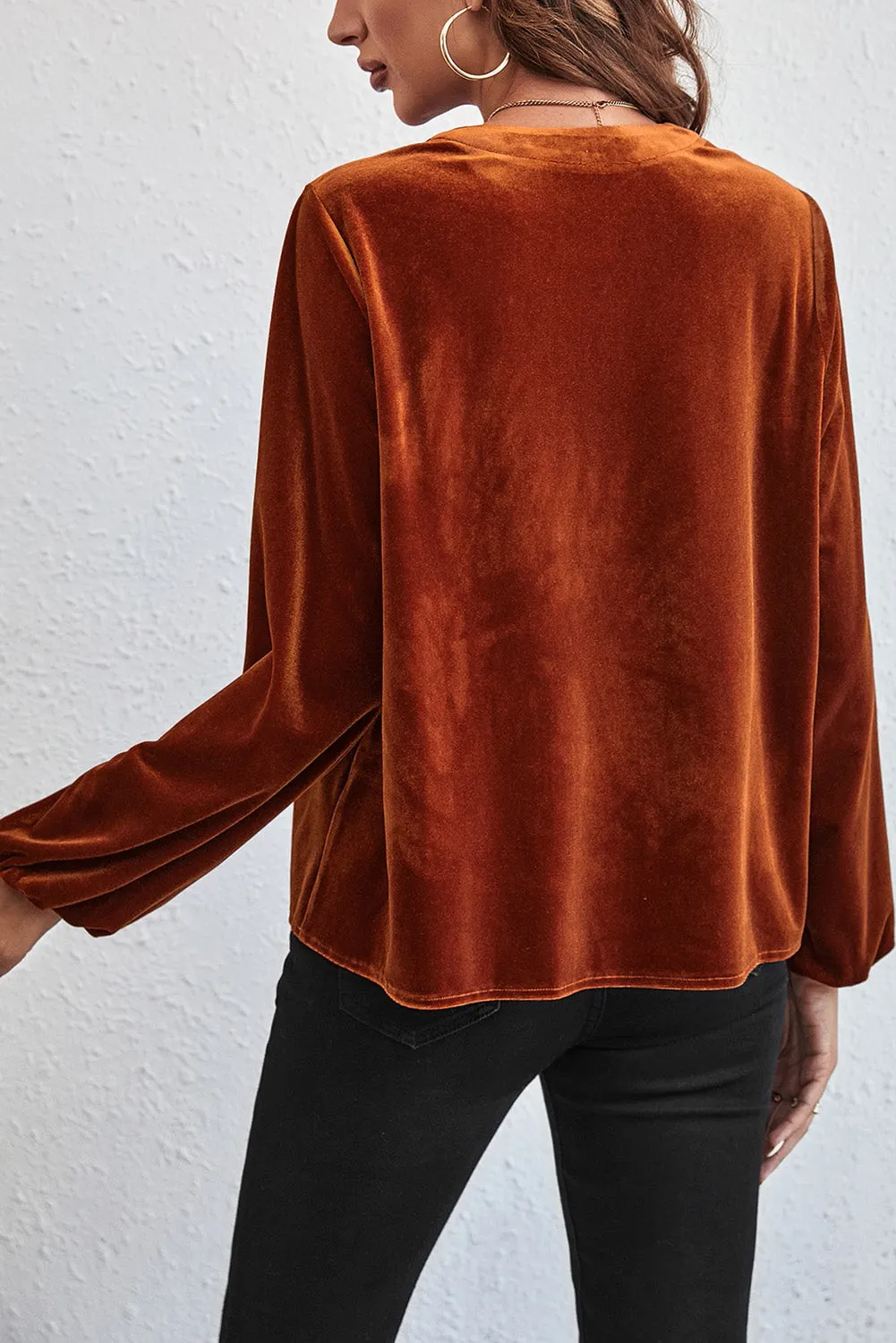 Gold Flame Velvet Lantern Sleeve Beaded Split V Neck Top