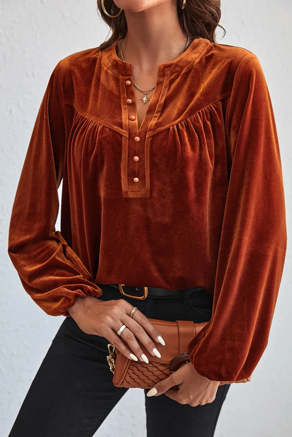 Gold Flame Velvet Lantern Sleeve Beaded Split V Neck Top