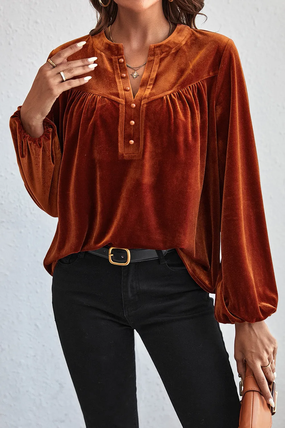 Gold Flame Velvet Lantern Sleeve Beaded Split V Neck Top
