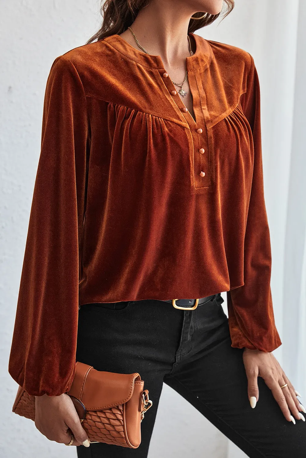Gold Flame Velvet Lantern Sleeve Beaded Split V Neck Top